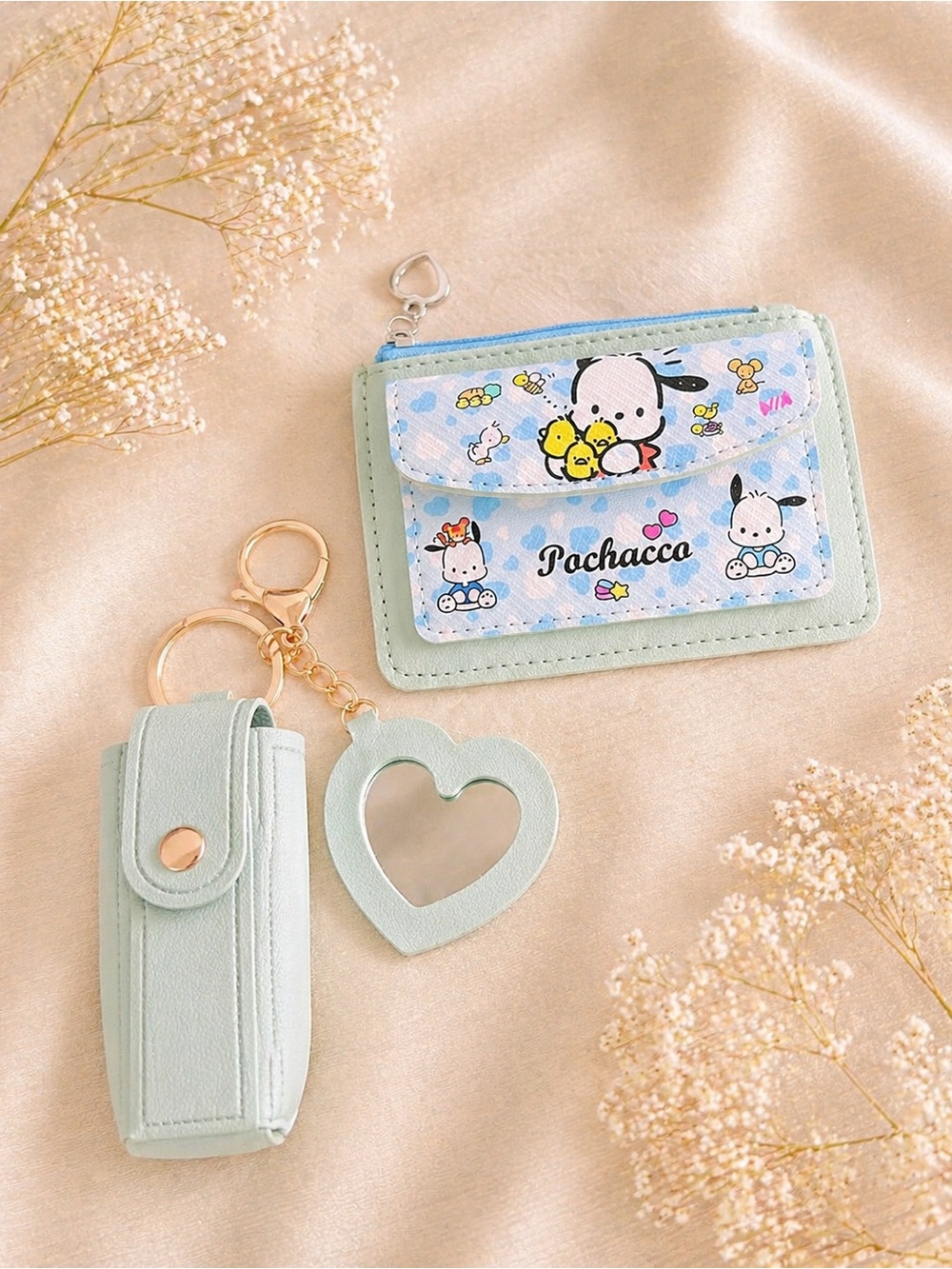 Sanrio Pochacco Light Mint Card Wallet Keychain Set